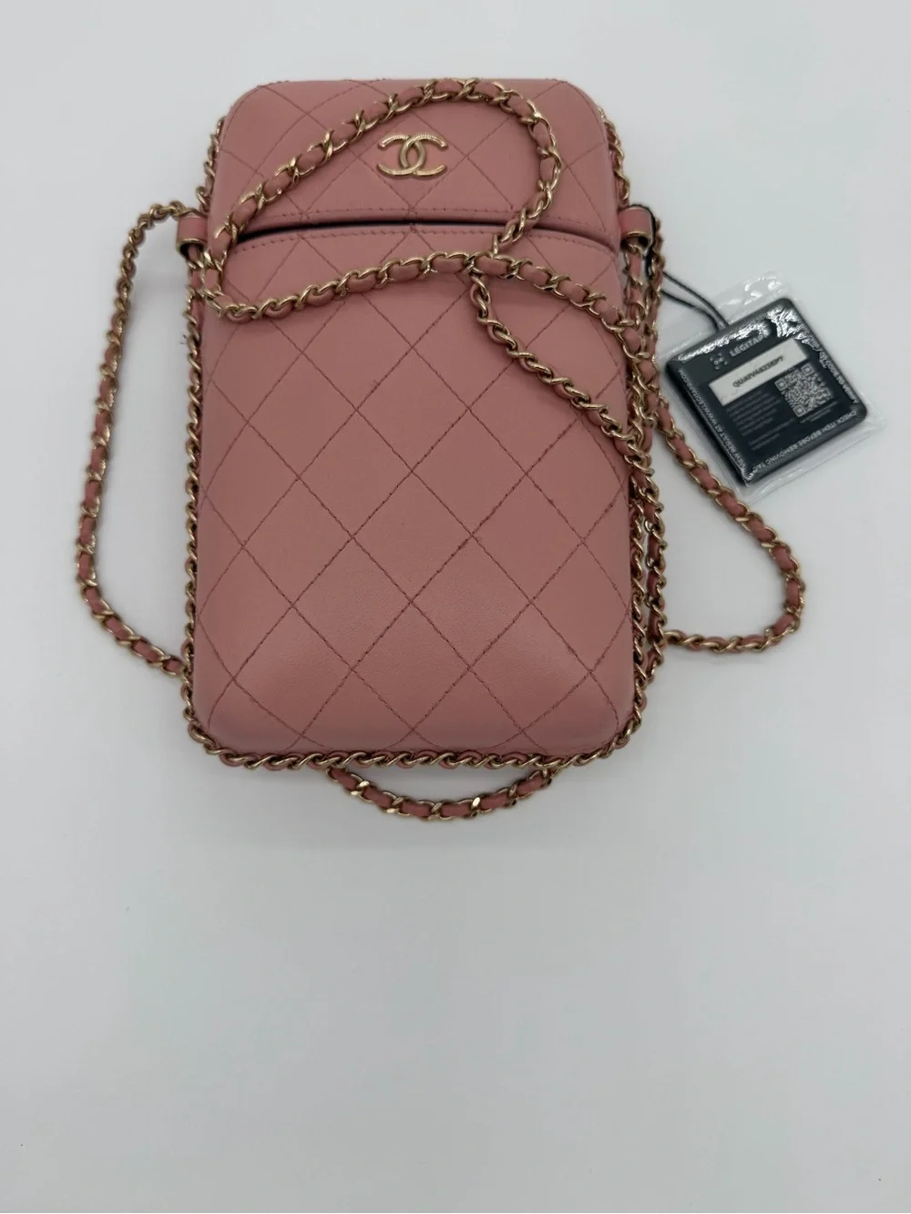 CHANEL Quilted Leather Crossbody Phone Bag in Dusty Pink with Gold Hardware